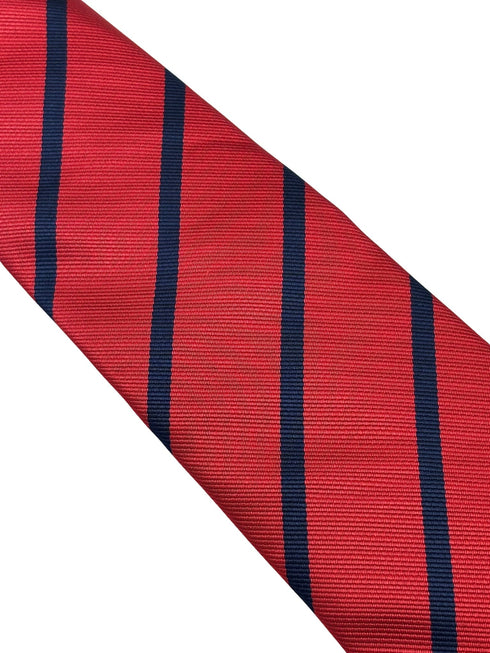 red tie with navy blue stripes